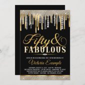 Black Gold Diamond Tropfen Fantastische 50 Geburts Einladung (Vorne/Hinten)