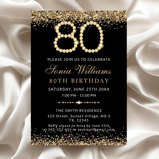 Black Gold Diamonds 80th Birthday Party Invitation Einladung