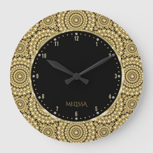 Black & Gold Diamonds Glitter Geometric Pattern Große Wanduhr (Vorderseite)