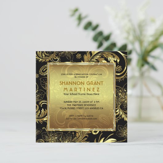 Black Gold & Diamonds Pattern-Elegant Grad Einladu Einladung (Stehend Vorderseite)