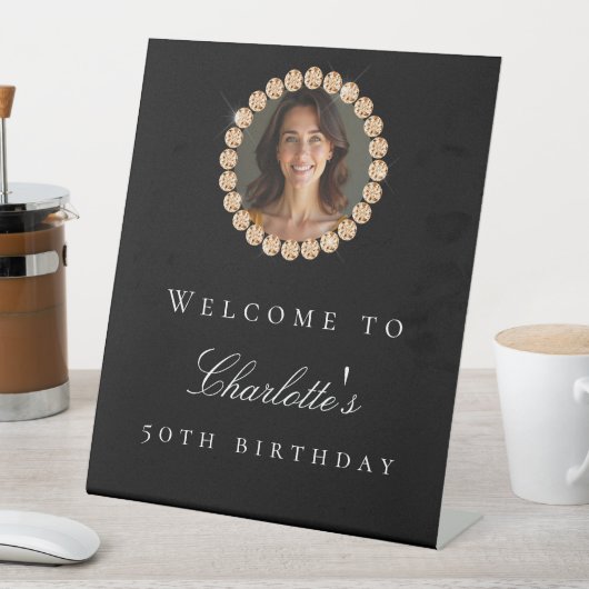 Black gold diamonds photo birthday party welcome sockelschild (In Situ)