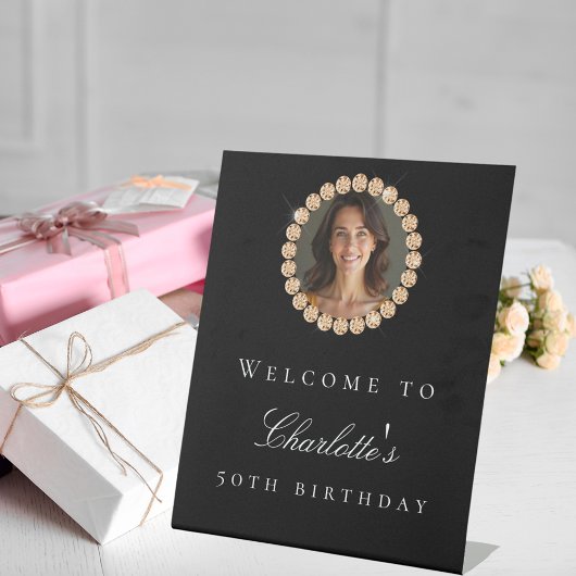 Black gold diamonds photo birthday party welcome sockelschild