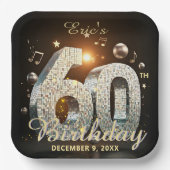 Black Gold Disco Ball Music Notes 60th Birthday Pappteller (Vorderseite)