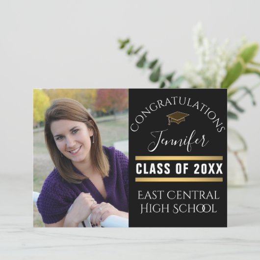 Black Gold Dot Senior Foto High School Abschluss Einladung (Stehend Vorderseite)