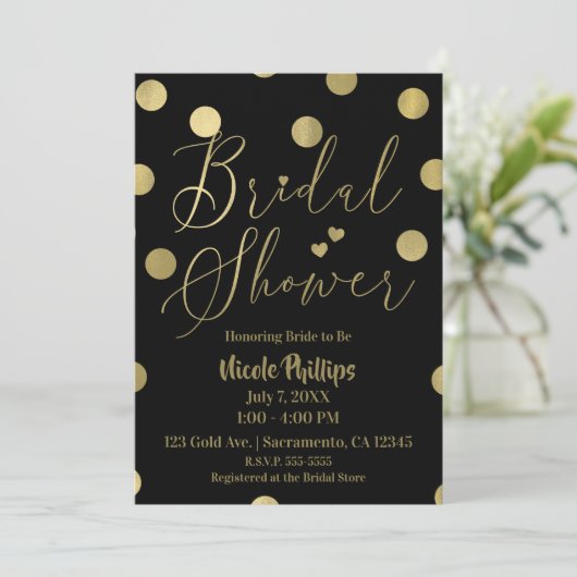 Black & Gold Dots Modernes Glam-Brautparty Einladung (Stehend Vorderseite)