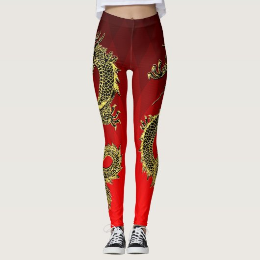 Black Gold Dragons Red Gradient Leggings (Vorderseite)