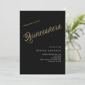 Black Gold-Drehbuch elegante Quinceanera Einladung (Stehend Vorderseite)