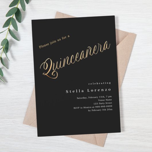 Black Gold-Drehbuch elegante Quinceanera Einladung