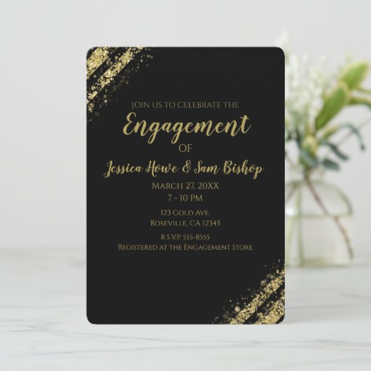 Black Gold Dust Corners Glam Moderne Verlobung Einladung (Stehend Vorderseite)