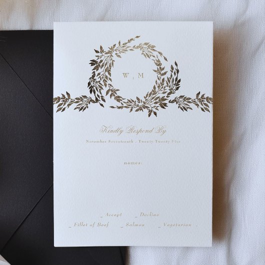 Black Gold Ebony Botanical Monogram Wedding RSVP Karte