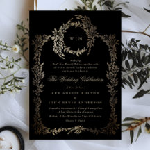 Black Gold Ebony Botanical Monogram Wreath Wedding