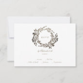 Black Gold Ebony Wreath Monogram Wedding RSVP Karte (Vorderseite)