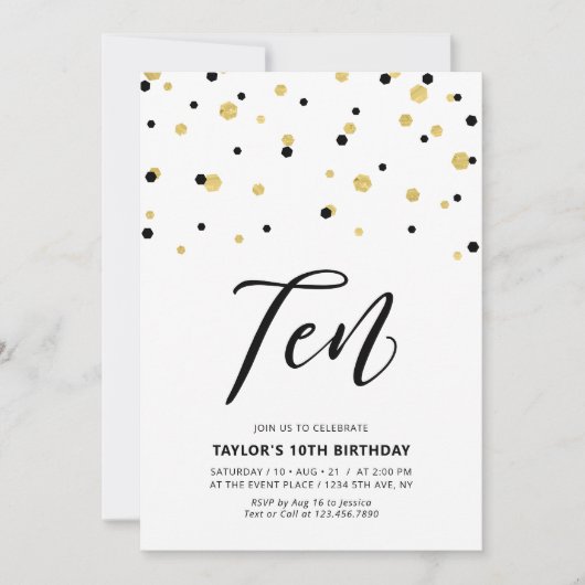 Black & Gold Einfache 10. Teen Birthday Party Invi Einladung (Vorderseite)