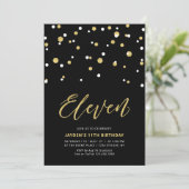 Black & Gold Einfache 11. Teen Birthday Party Invi Einladung (Stehend Vorderseite)