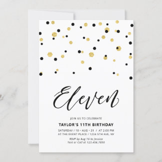 Black & Gold Einfache 11. Teen Geburtstagsparty Einladung