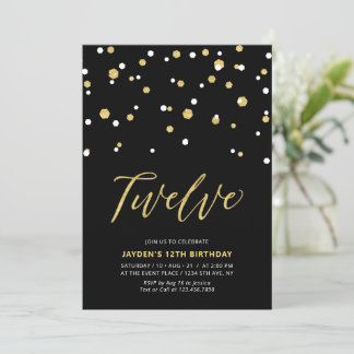Black & Gold Einfache 12. Teen Geburtstagsparty Einladung