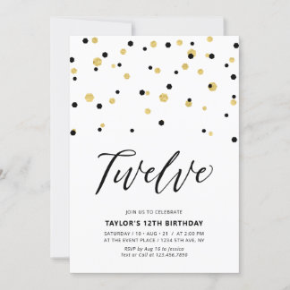 Black & Gold Einfache 12. Teen Geburtstagsparty Einladung