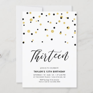 Black & Gold Einfache 13. Teen Geburtstagsparty Einladung