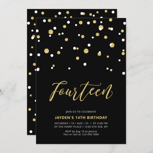 Black & Gold Einfache 14. Teen Birthday Party Invi Einladung (Vorne/Hinten)