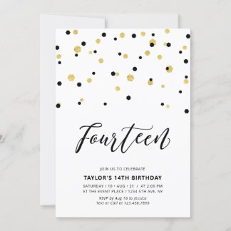 Black & Gold Einfache 14. Teen Geburtstagsparty Einladung