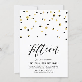 Black & Gold Einfache 15. Teen Geburtstagsparty Einladung