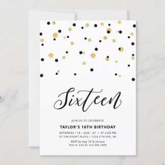 Black & Gold Einfache 16. Teen Birthday Party Einladung