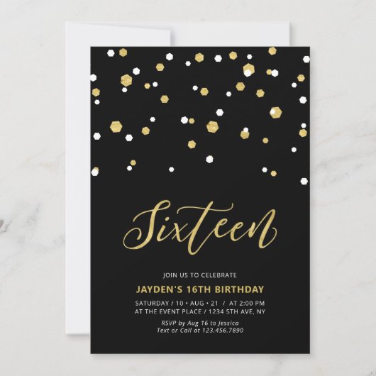 Black & Gold Einfache 16. Teen Birthday Party Invi Einladung (Vorderseite)