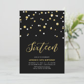 Black & Gold Einfache 16. Teen Birthday Party Invi Einladung (Stehend Vorderseite)