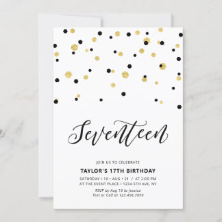 Black & Gold Einfache 17. Teen Birthday Party Einladung