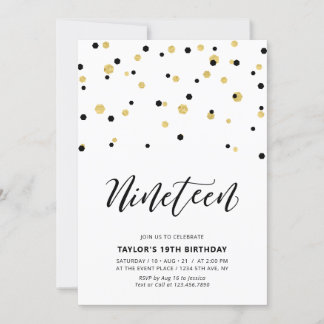 Black & Gold Einfache 19. Teen Geburtstagsparty Einladung