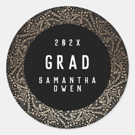 Black Gold Elegant Foil Botanicals Grad Umschlag Runder Aufkleber (Vorderseite)