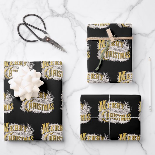 Black Gold Elegant Frohe Weihnachten Rustikale Vin Geschenkpapier Set (Vorderseite)