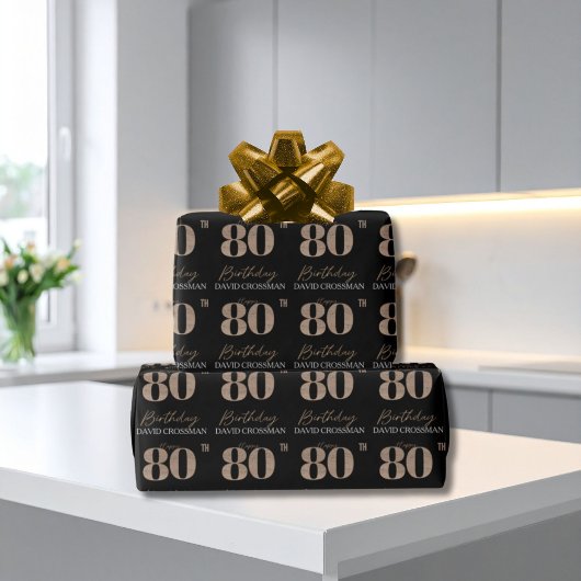 Black & Gold Elegant Glitter 80th Birthday  Geschenkpapier