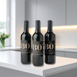 Black & Gold Elegant Glitter 80th Birthday Weinetikett