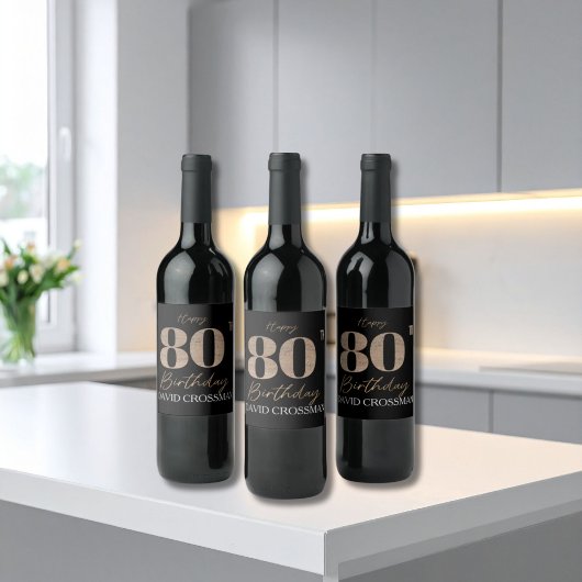 Black & Gold Elegant Glitter 80th Birthday  Weinetikett