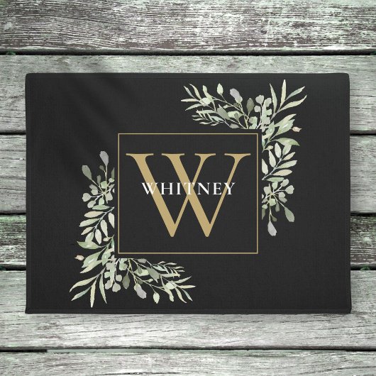 Black Gold Elegant Monogram Greenery Fußmatte