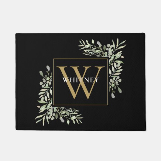 Black Gold Elegant Monogram Greenery Fußmatte (Vorderseite)