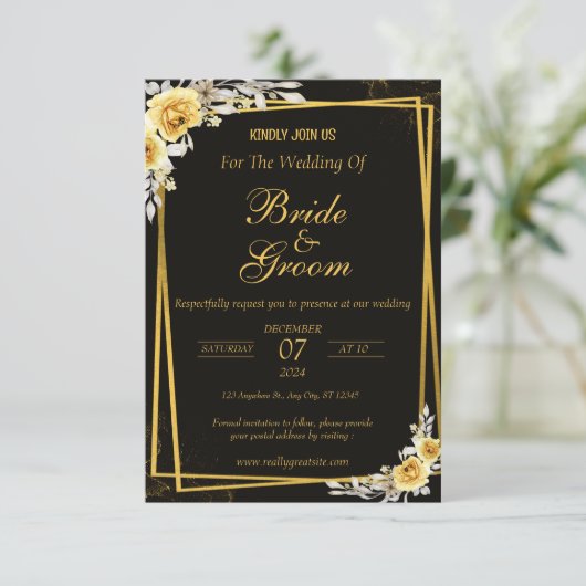 Black & Gold Elegante Einladung zur Hochzeit (Stehend Vorderseite)