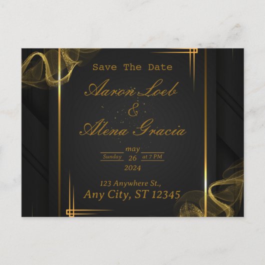 Black & Gold Elegante Einladung zur Hochzeit Postkarte (Vorderseite)
