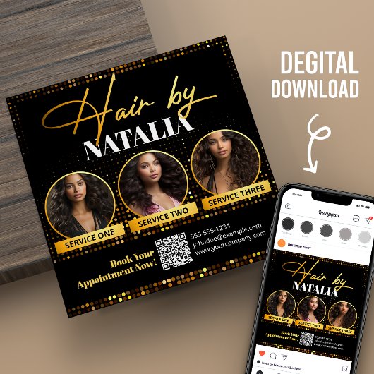 Black Gold Elegante Haar Stylist Digitaler Flyer K Einladung