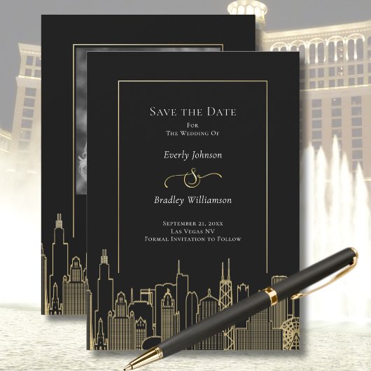 Black Gold Elegante Las Vegas Skyline Save the Dat Einladung