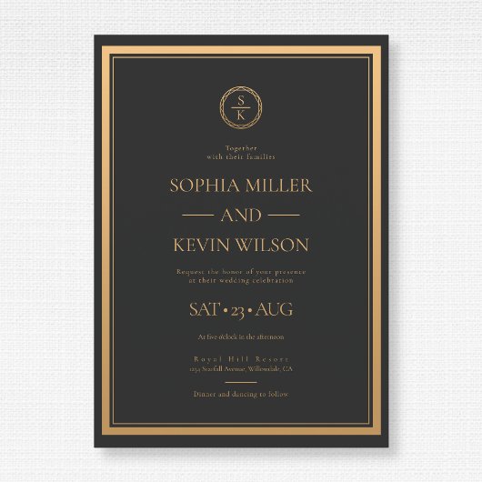 Black Gold Elegante Moderne Mit Monogramm Hochzeit Einladung