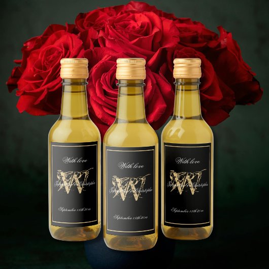 Black & Gold Elegante Monogram Chic Mini Wedding Weinetikett
