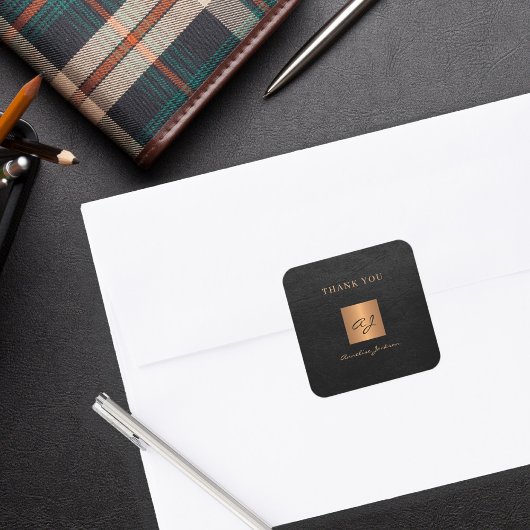 Black Gold elegante Monogram Name Vielen Dank Quadratischer Aufkleber