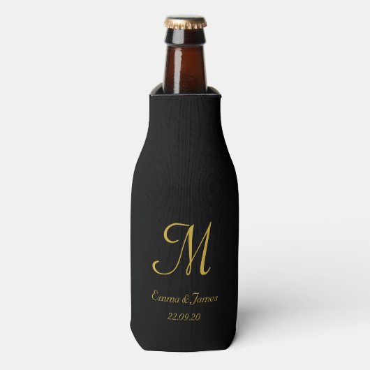 Black & Gold Elegante Monogram Script-Party Flaschenkühler (Flaschenvorderseite)