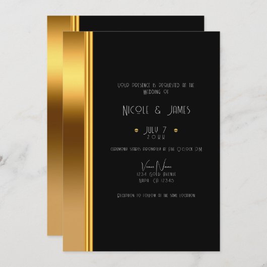 Black & Gold Elegante Royal Glam Wedding Einladung (Vorne/Hinten)