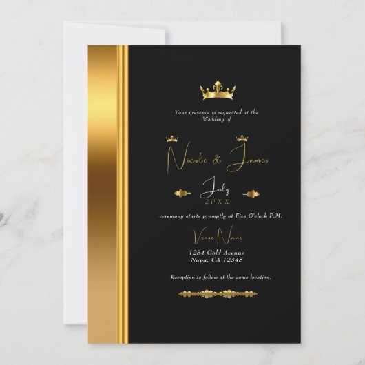 Black & Gold Elegante Royal Glam Wedding Einladung (Vorderseite)