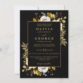 Black Gold Elegante Rustic Floral QR Code Hochzeit Einladung