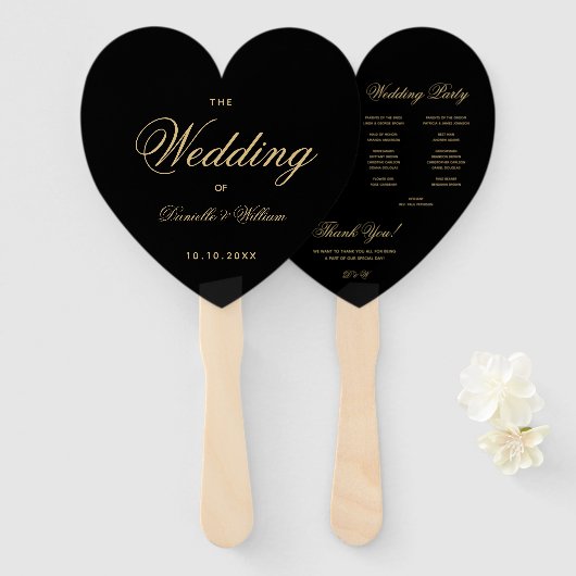 Black Gold Elegante Script Heart Wedding Program Fächer (Vorne und Hinten)