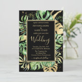 Black & Gold Elegante Tropical Foliage Hochzeit Einladung (Stehend Vorderseite)